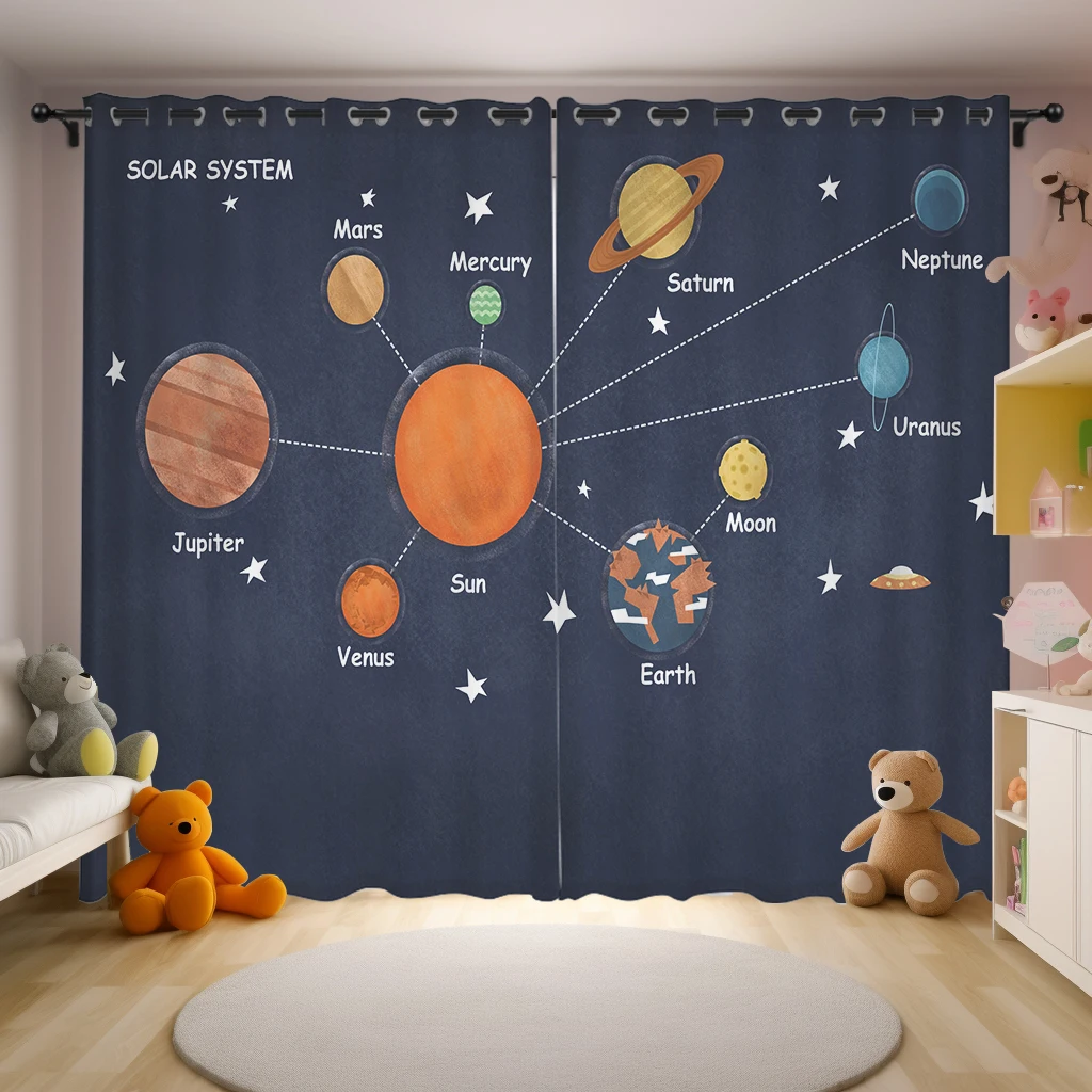 2Panels Cartoon Curtains Cute Astronaut Rocket Moon Planet Printed Curtains for Children's Bedroom Window Blinds cortinas