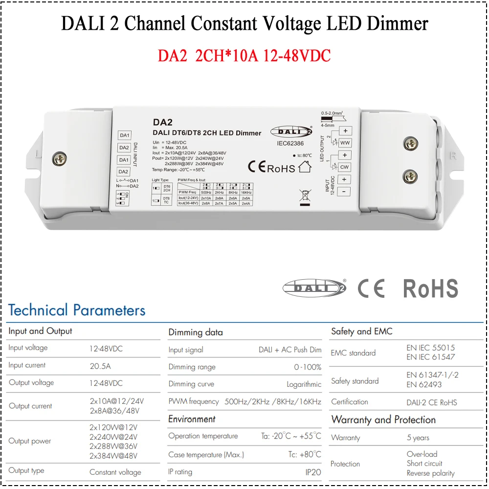 CENFAYA DALI Dimmer 2CH 10A LED Controller DALI-2 certied 2/1 DALI address DT6 PMW dimming DT8-TC color temperature Push Switch