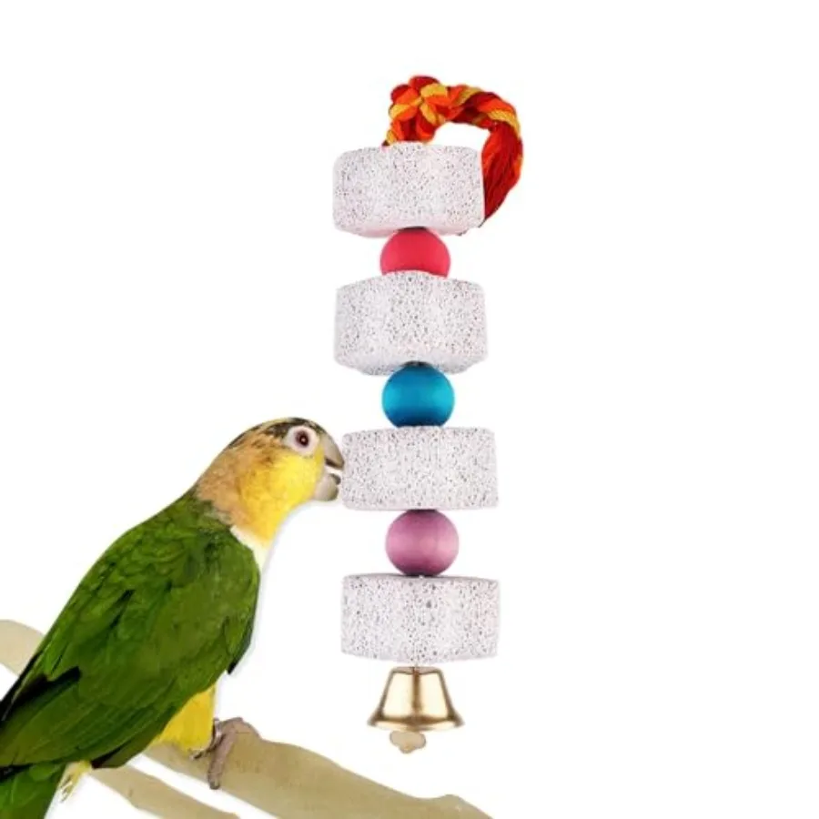 Bird Beak Grinding Stone with Bell Lava Block Calcium Supplement Food Parrot Chewing Toy for African Greys Parakeets Cockatiels
