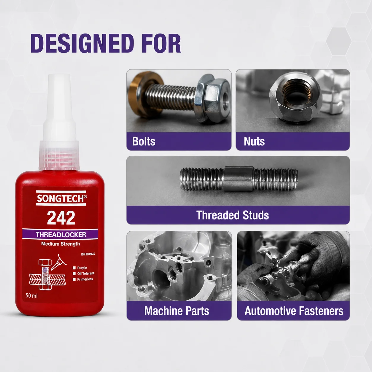 50ml SONGTECH 242 Threadlocker Purple Medium Strength Thread Lock Adhesive Anti Loose Glue for Bolts Nuts Automotive Fasteners