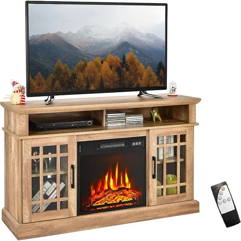 ZHENXIANG Fireplace TV Stand for 55 TV, 48 Inch Tv Stand with 18 Inch Electric Fireplace Heater, Mondern Tv Console w/Cabinets