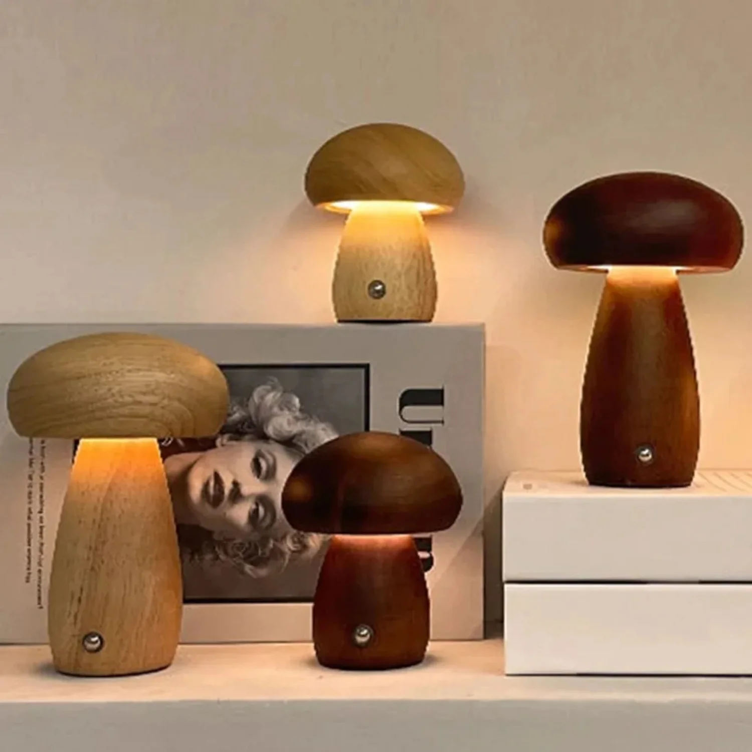 Bedside Table Night Light USB Rechargeable LED Mushroom Night Light Wooden Bedroom Sleeping Lamp Dimmable  Bedroom Study Room