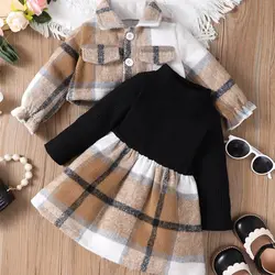 0-3-Year-Old Newborn Baby Girl Autumn And Winter Plaid Long Sleeved Matching Pit Stripe Long Sleeved Patchwork Plaid Dress Set