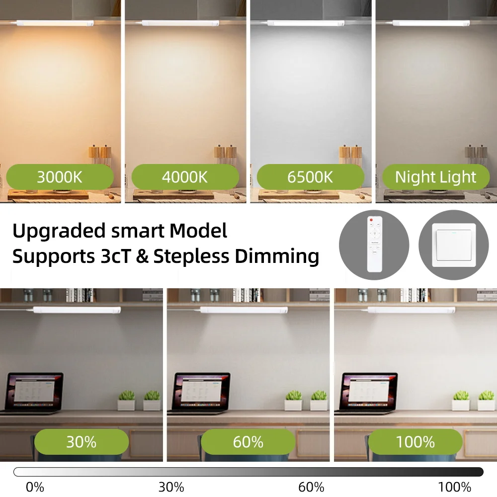 Dimmable Led Light Tube with Remote`Control Home 110-220V Ceiling Fixture LED Light Bar for Kitchen Garage Bedroom Cabinet light