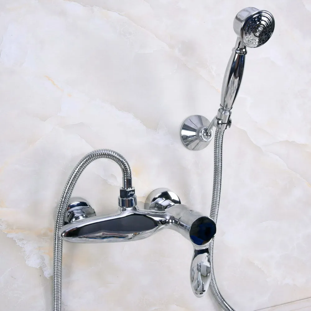 

Modern Silver Chrome Brass Wall Mounted Bathroom Shower Faucet Set with 1500MM Hose Handheld Spray Head Mixer Tap Dna271