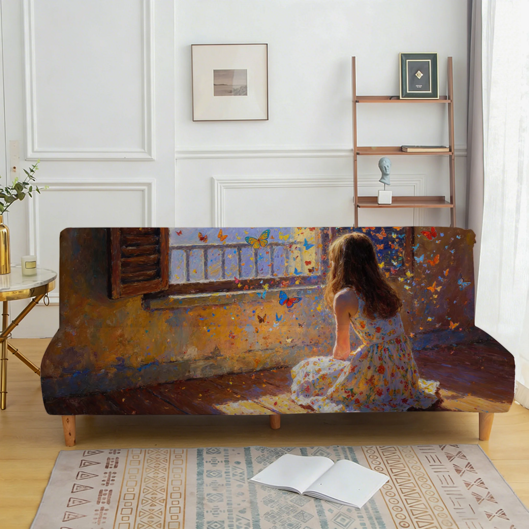 Window girl sofa bed cover, non-slip and scratch-proof furniture protective cover, easy to install