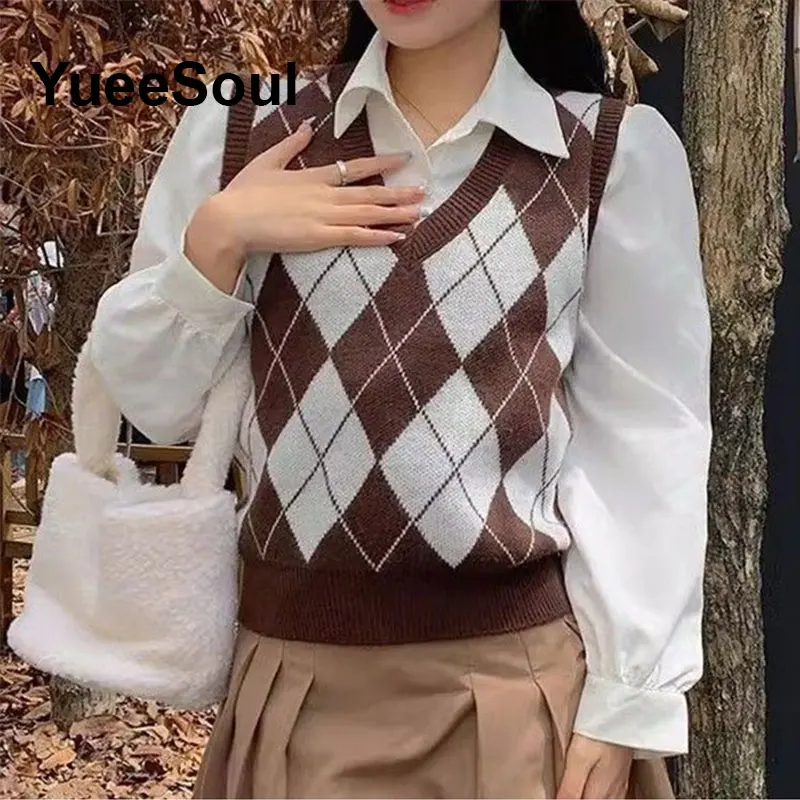 Argyle Sweater Vest Brown Sleeveless Pullover Knitted Waistcoat 2025 Autumn New Y2K Vintage High Street Women's Vests Outerwear