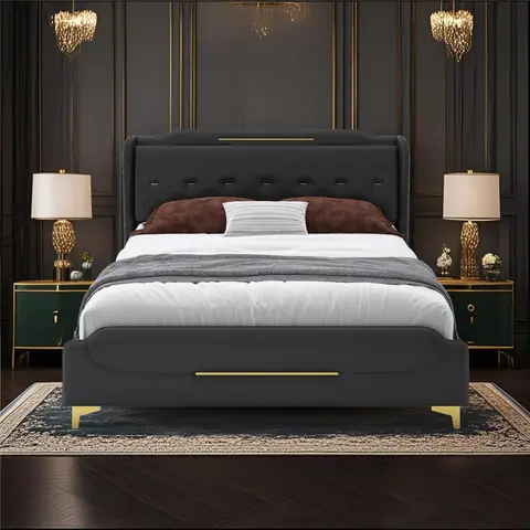 Marco de cama tamaño Queen con cabecero y pie de cama, cama con plataforma tapizada de cuero PU, soporte de listones de madera maciza, fácil montaje