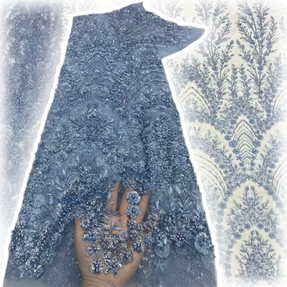 

Синие блестки, роскошное кружево из бисера, Африка, высокое качество, 5 ярдов, ткань с блестками ручной работы, нигерийское вечернее платье, швейный материал TP1557