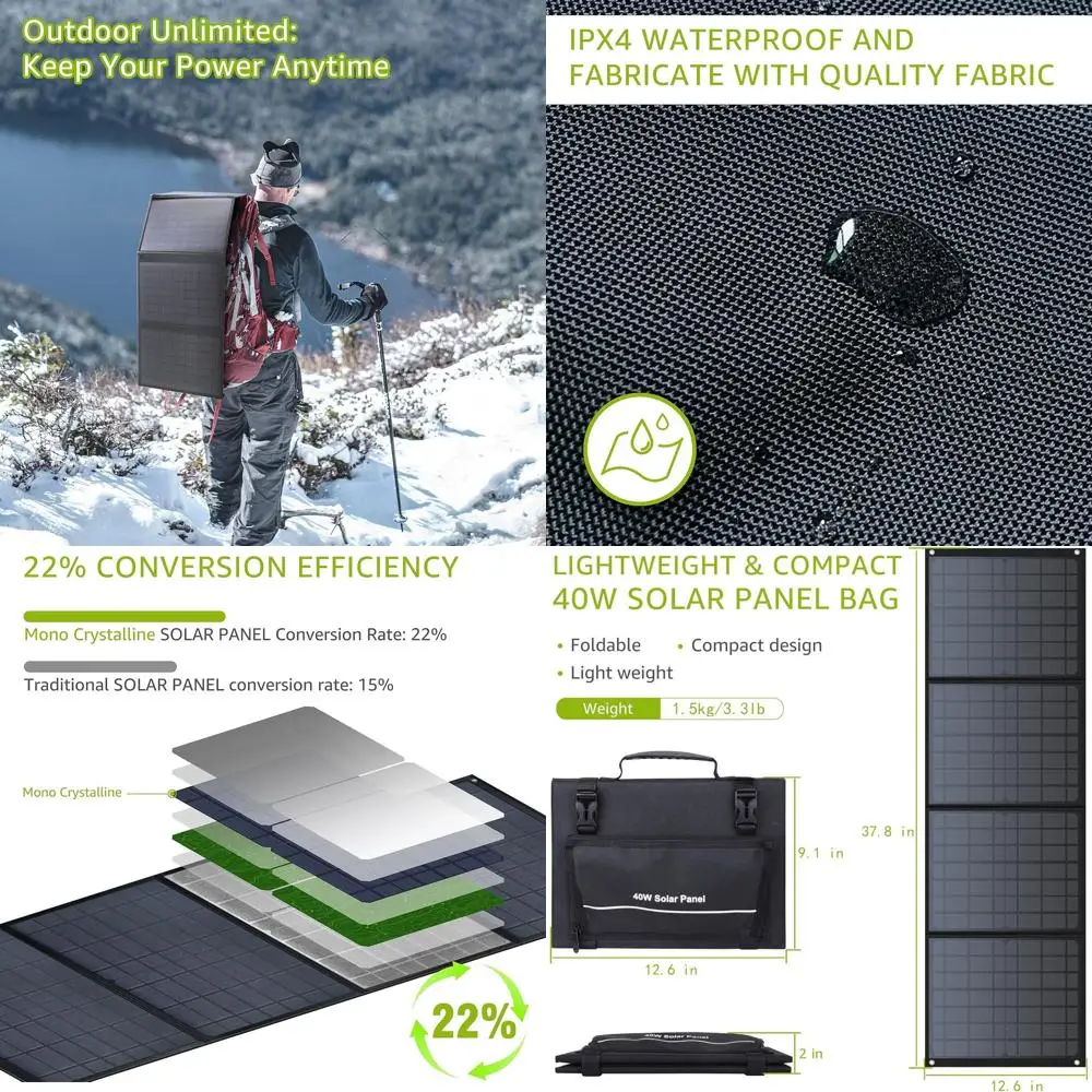 

40W Portable Solar Panel, Outdoor Power Station, Adjustable Stand, 10-in-1 Connectors, DC to DC Cable, USB QC3.0 Charging for Ca