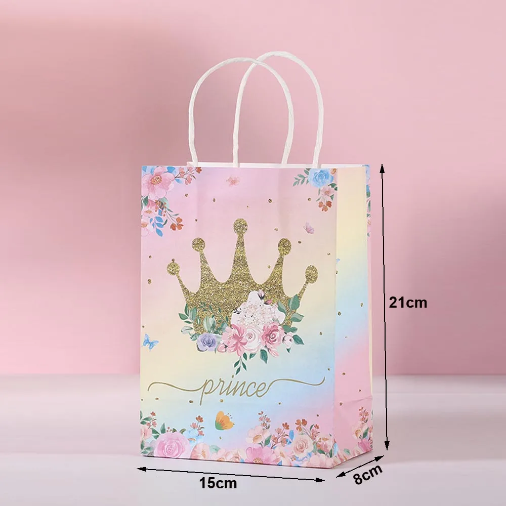 5-50 Pcs Princess Party Favor Paper Gift Bags with Handles Pink Castle Crown Candy Bags Girl Birthday Baby Shower Wedding Decors