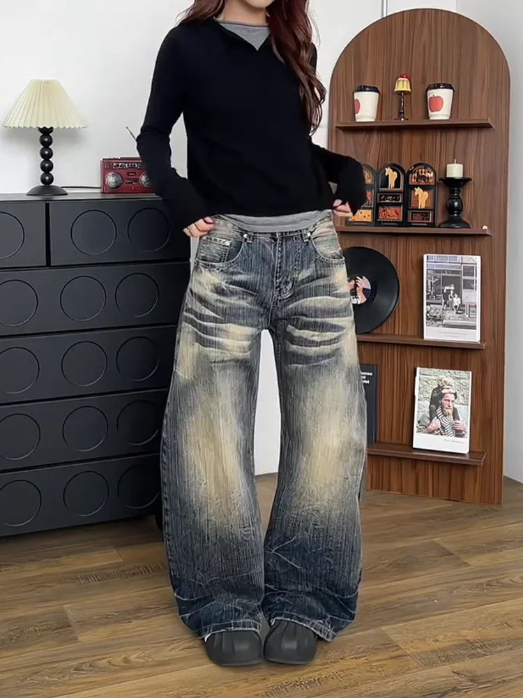 

Large Size American Washed Versatile Loose Women's Jeans High Waist Wide Leg Pants Casual Vintage Faded Denim Trousers