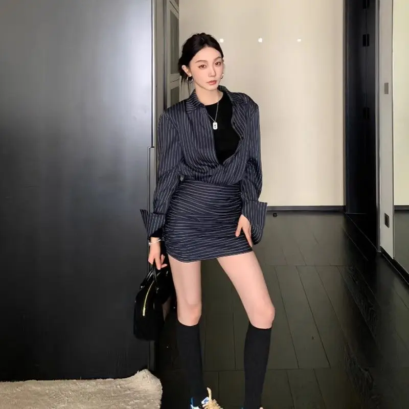 Striped Polo Neck Shirt Long-sleeved Dress Female Temperament Waist-pack Hip Short Skirt