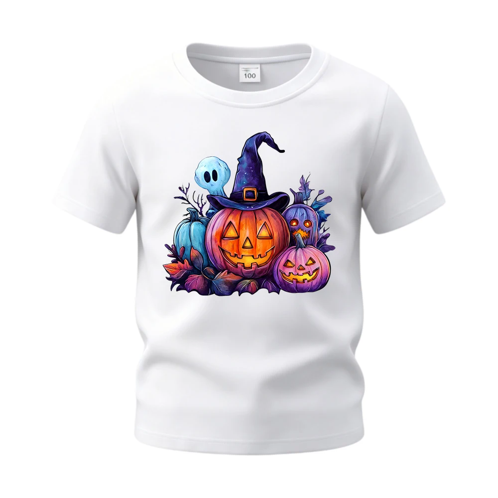 Halloween Pumpkins with Ghost Children Basic Cotton Tops Tees Short Sleeve Casual Daily Shirts T‑Shirt for Boys Girls Kids