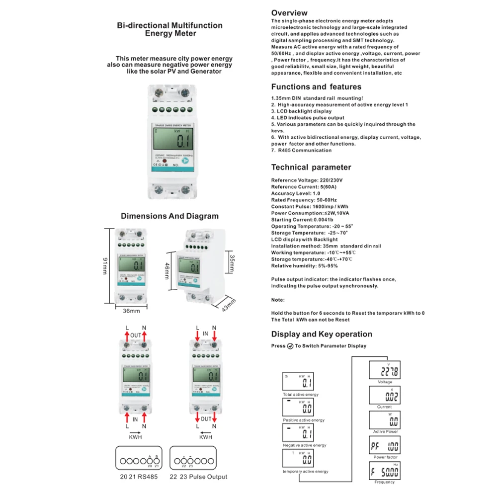 DDS6619-039 jednofazowy licznik energii wielofunkcyjny DIN AC230V 5(60) napięcie prądu licznik energii zasilający z modbusem RS485