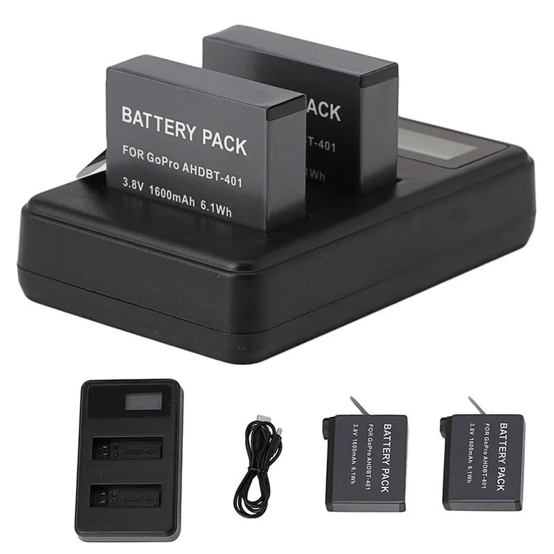 2 × 1600 مللي أمبير بطارية AHDBT-401 + طقم شاحن USB مزدوج شاحن Gopro ملحق Hero4 جديد مع شاحن LCD مزدوج مع بطاريتين