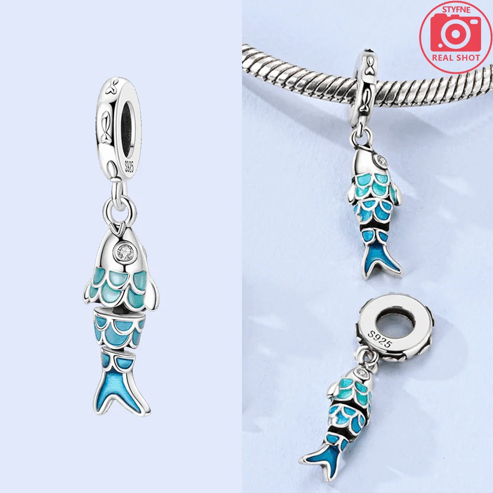 Charms Plata 925 Small Swimming Fish With Blue Scales Beads Fit Original 925 Bracelets Charms for Women Jewelry Making Gifts