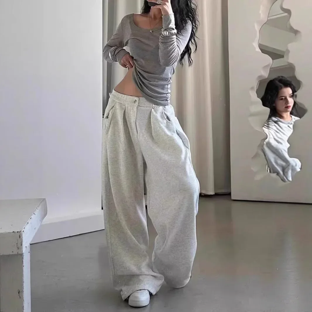 

Pop Retro American Sport Pants Women's Loose Wide Leg Casual Trousers Draped Floor-Length Lazy Style Spring Autumn Trendy