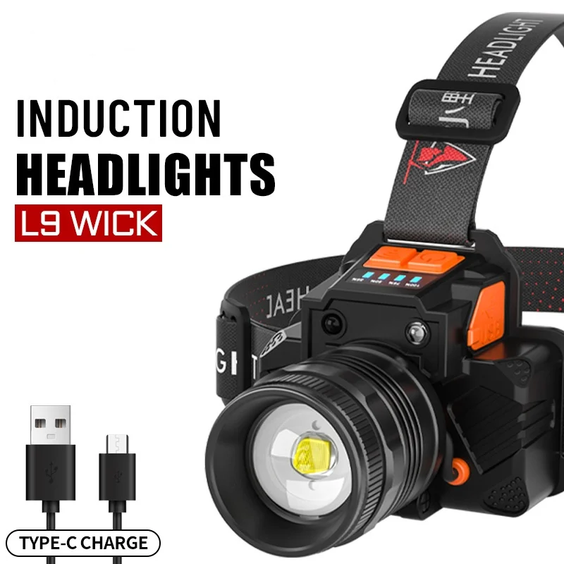 Super Bright LED Headlamp Fishing Headlight Portable Flashlight ZOOM Sensor Rechargeable Outdoor Waterproof Camping Hunting 20W