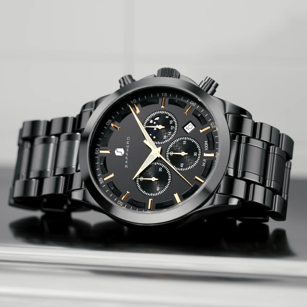 Sapphero relógio de luxo para homem elegante data à prova dwaterproof água luminosa preto relógio de pulso quartzo aço inoxidável esportes relógios