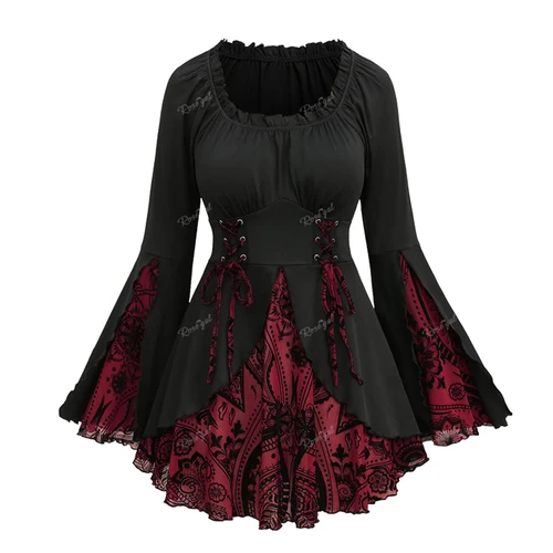 ROSEGAL, camiseta de talla grande para mujer, estampado de figura Floral, Tops con volantes fruncidos y cordones, ropa de calle femenina de otoño, camiseta con mangas acampanadas 4XL