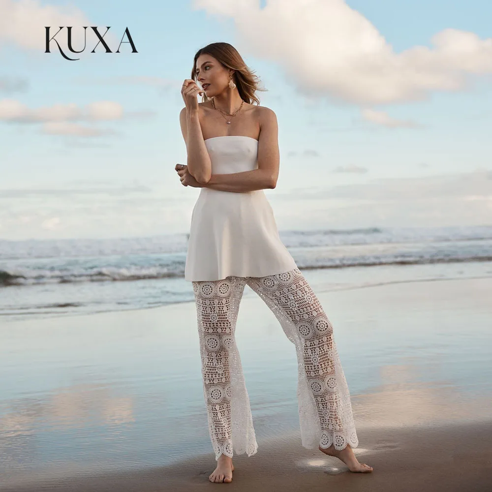 KUXA Customized Strapless Wedding Jumpsuit Set Satin Tube Top Crochet Lace Flared Pants Bridal Outfit For Beach Elopement