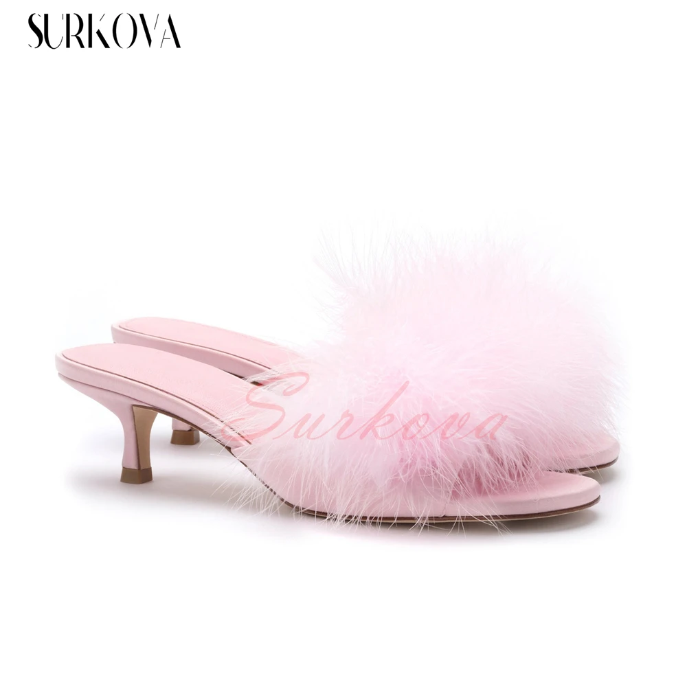 

Pink Kitten Heel Fur Slippers Feminine Sandals Ladies Low Heel Casual Shoes Round Toe Summer Slides Concise Women's Shoes New