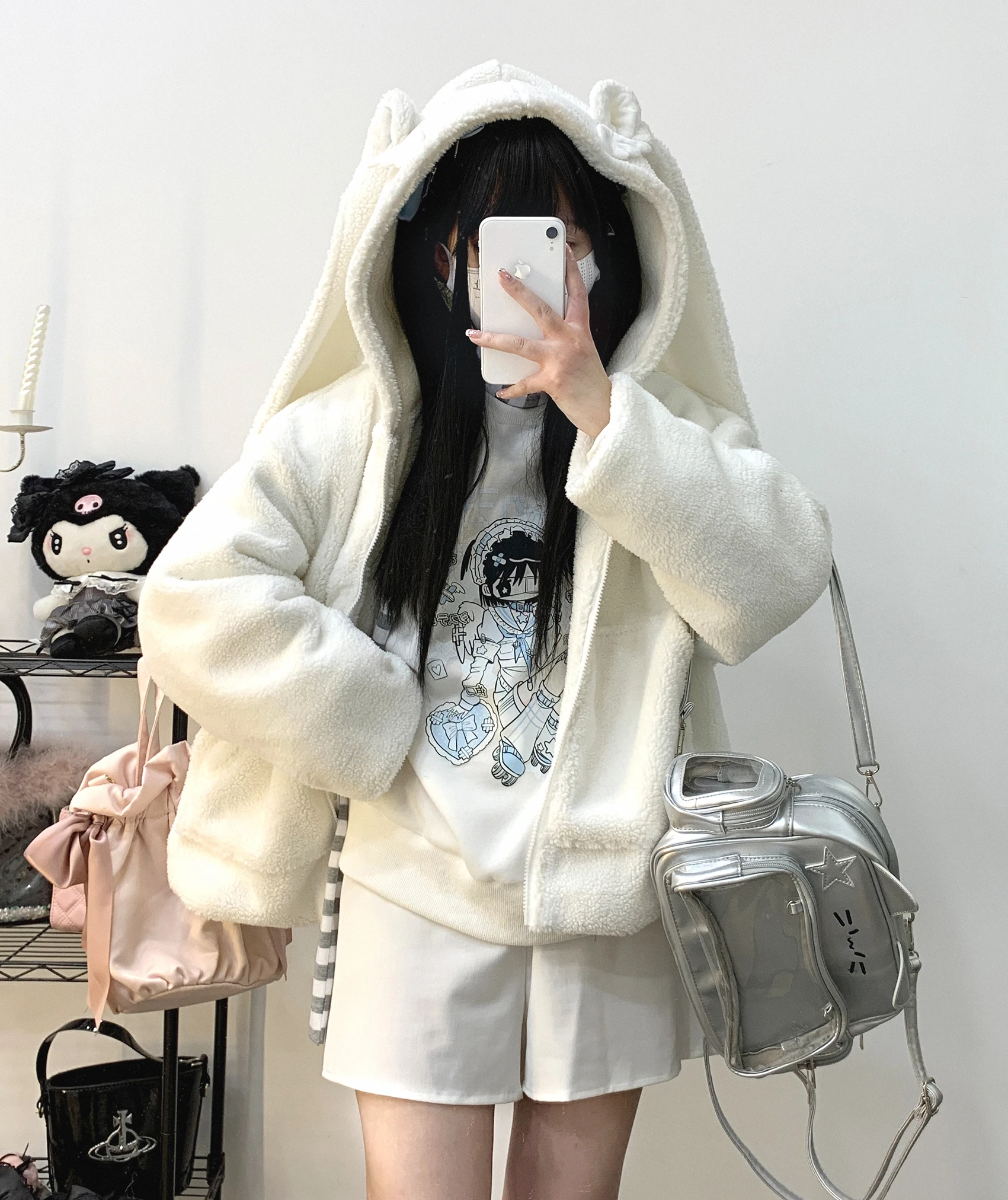 Dophee Original Landmine System Fluffy Coat Women Autumn Winter Cute Rabbit Ears Hooded Jacket Young Girls Cardigans Coats