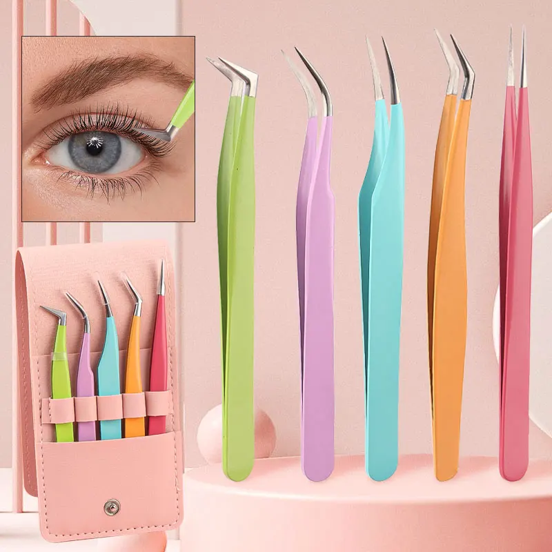 Juego de extensiones de pestañas, pinzas para levantamiento de pestañas y cubierta de cuero, Clip para cejas, suministros de extensión de pestañas, herramienta de maquillaje, 6 uds.