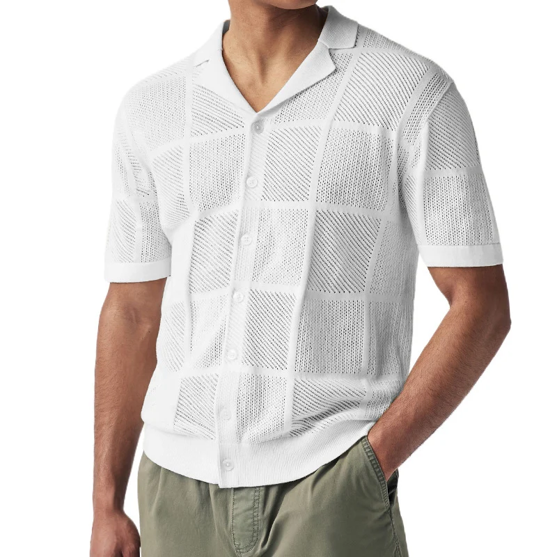 Beach Leisure Breathable Knitted Shirt Men Summer Fashion Hollow Out See Through Knit Mens Cardigans Casual Short Sleeve Shirt