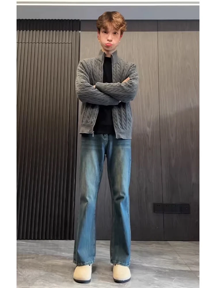 

American Sle Retro Blue Men's Jeans Cleanfit High Waist Straight Leg Pants Dra Slimming Micro Flared Trousers