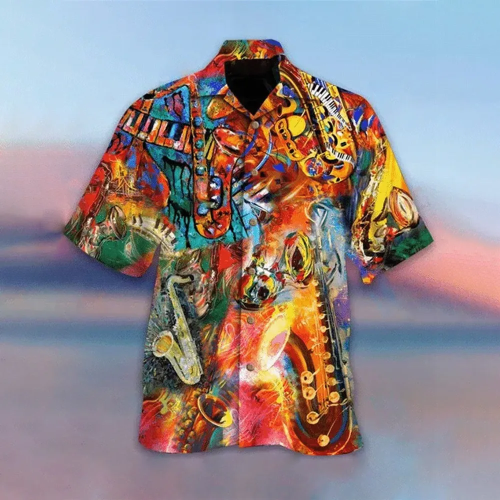 HXFashion Men Shirts Jazz Art Graffiti Splicing Casual Shirts 3D Graphic Streetshirts Beach Shirt Streetwear Ropa Hombre