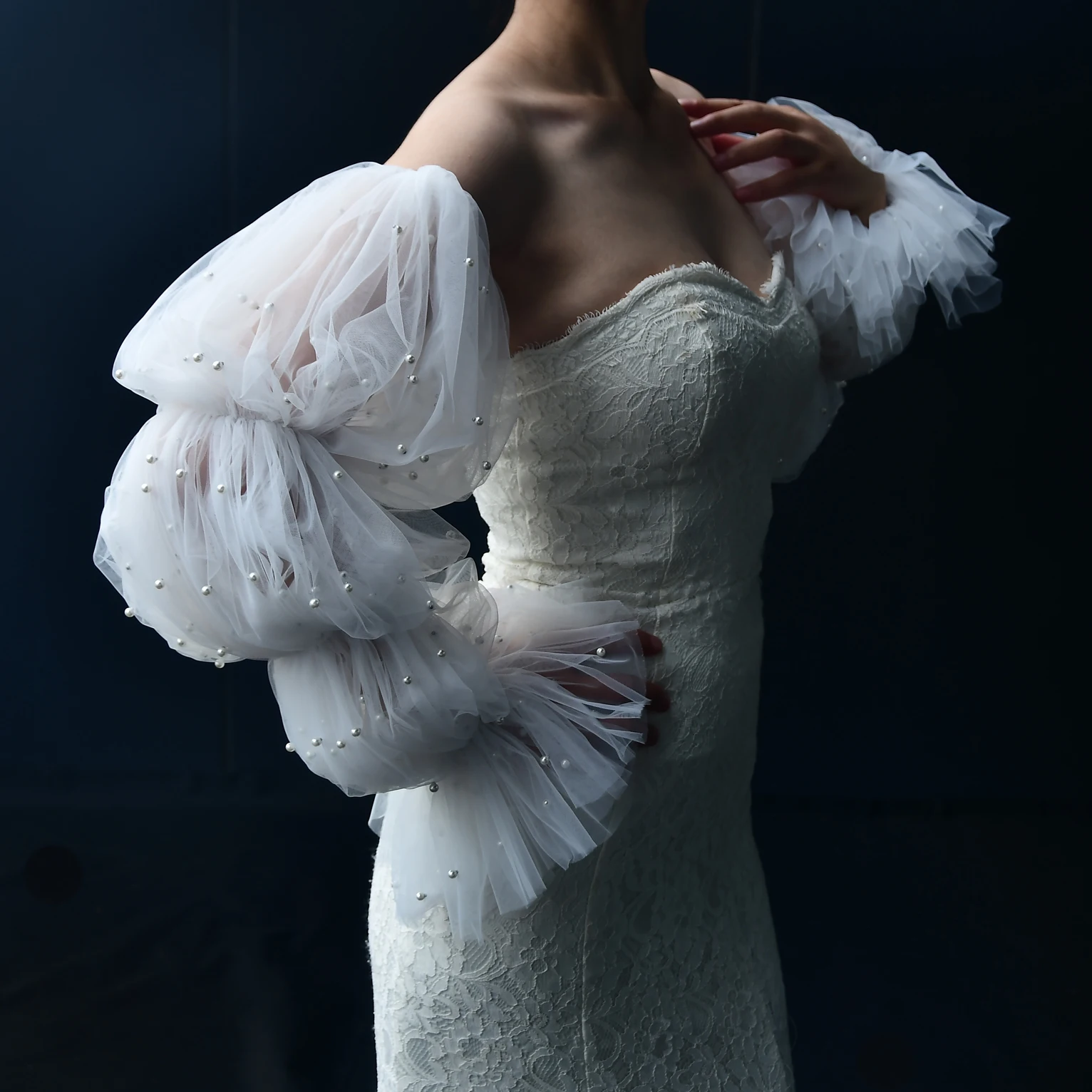 حجاب الزفاف بأكمام منتفخة قفازات زفاف مرصعة باللؤلؤ أبيض عاجي إكسسوارات الزفاف مناسبة لاستقبال الزفاف GM28 #2