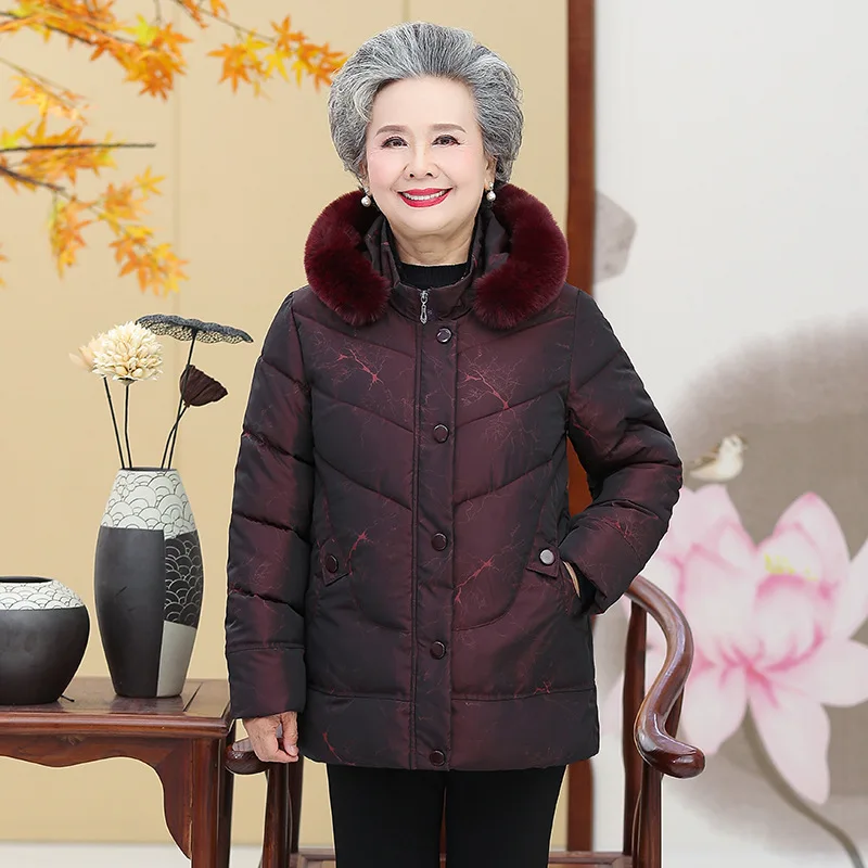 Middle Aged Mother Parkas Hooded Printed Cotton Padded Women Jacket Winter Thicken Warm Grandma Down-Cotton Coat куртка женская