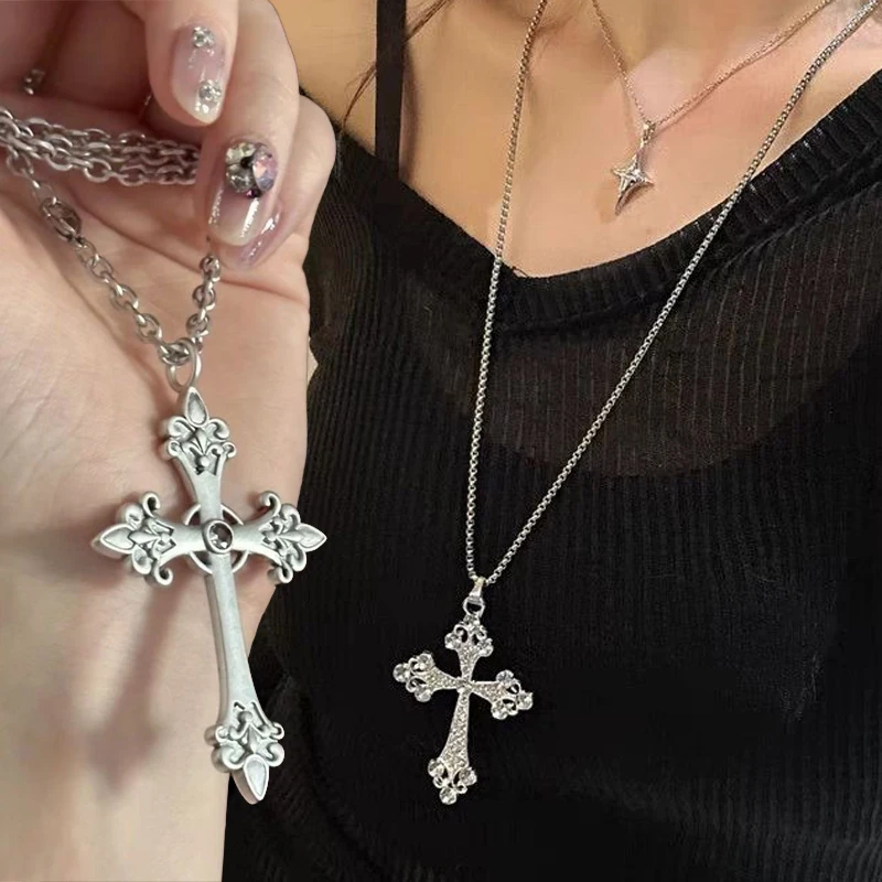 Y2K خمر روز الصليب قلادة مجوهرات القوطية قلادة الفضة سلسلة طويلة الهيب هوب الشارع الإبداعية الأزياء الصليب قلادة قلادة