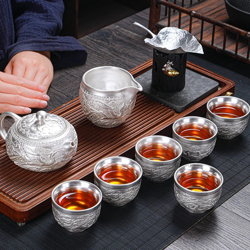 999 sterling silver kung fu tea set Tea pot tea cup dragon Phoenix set high-end home tea cup gift box