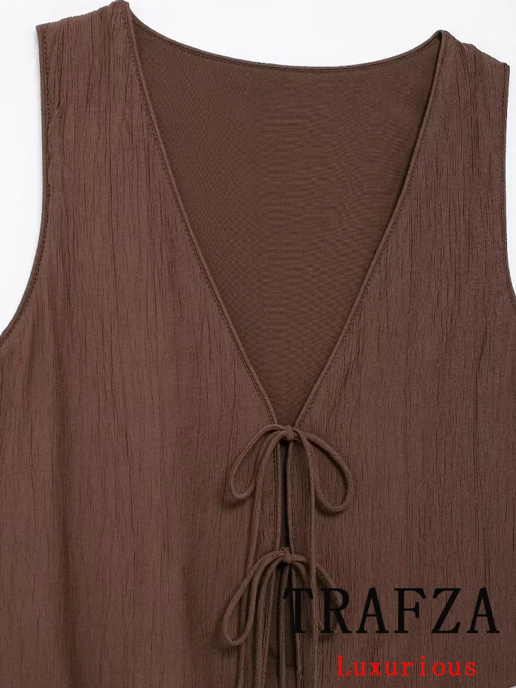 TRAFZA Vintage Casual Chic Solid Women Suit V-Neck Short Slim Vest Sheath Loose Long Skirt New Fashion 2024 Summer Sets