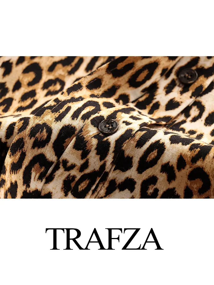 TRAFZA Women Fashion Vintage Leopard Print Blouse Single Breasted O Neck Long Sleeve Shirts Y2k Summer Female Chic Top