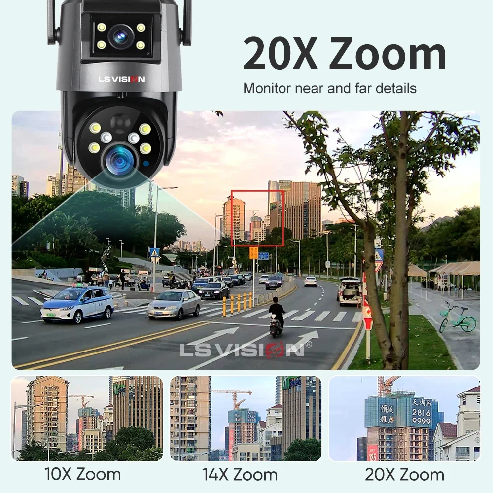 LS VISION UBOX 20X Optical Zoom Solar Outdoor Surveillance Camera Dual Screen 4K 4G/WiFi PIR Detection Auto Tracking PTZ Camera