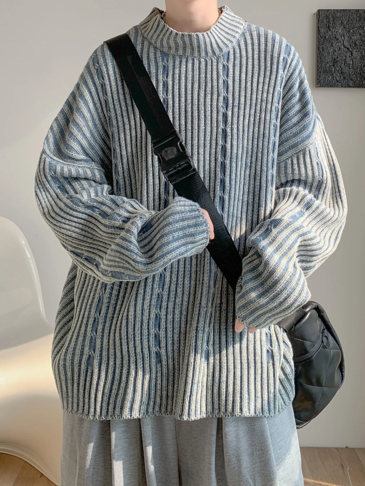 

Мужской свободный свитер с высоким воротником, весенне-осенний, в американском ретро-стиле, с узором косы, для подростков, повседневная вязаная одежда