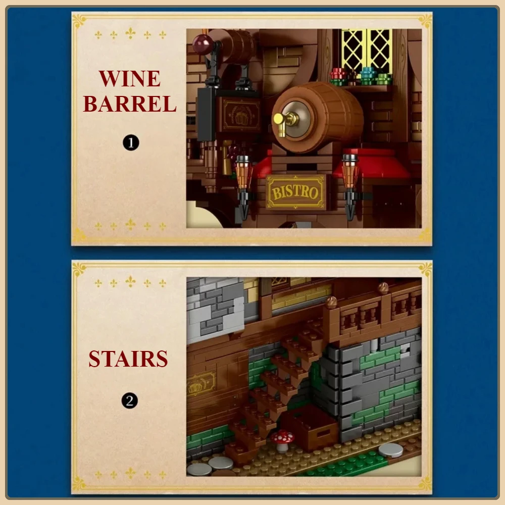 Modello di bistrot medievale con vista stradale europea Taverna Set di blocchi di costruzione Architettura Ornamento da scrivania Regalo di Natale per bambini