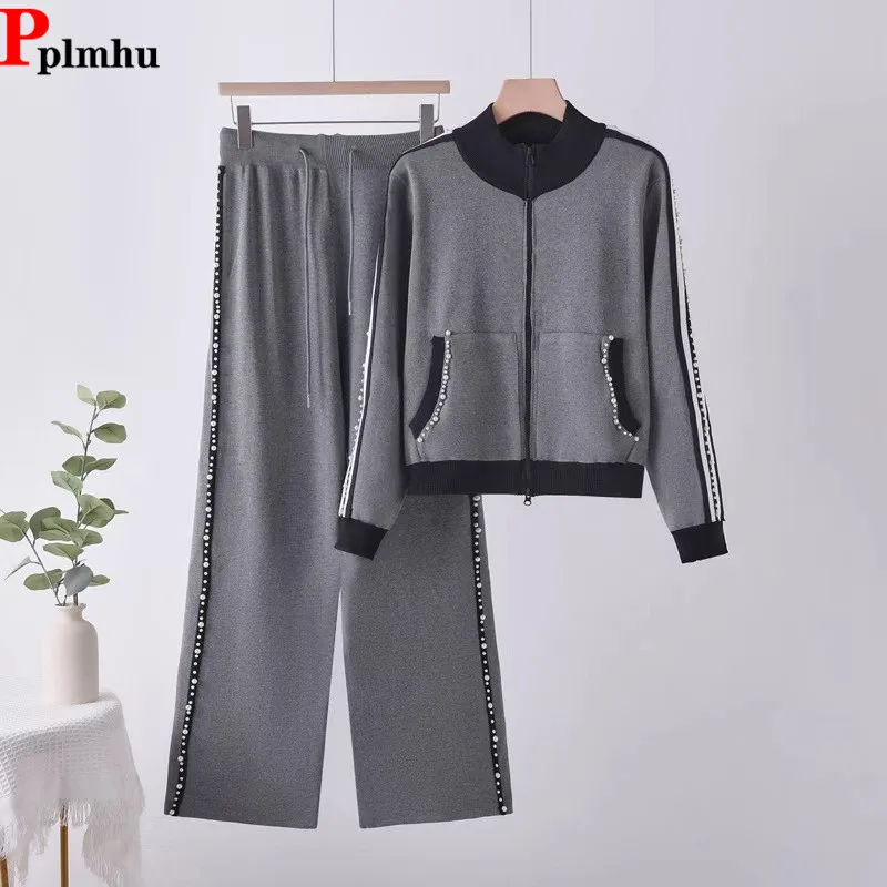 

Корейский дизайн, вязаные комплекты из 2 предметов, женская мода, новый свитер на молнии с круглым вырезом, кардиган, топы, брюки с высокой талией, новый наряд