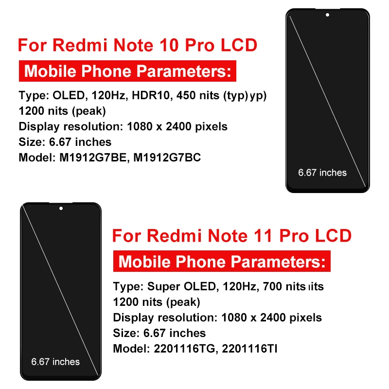New OLED Display For Xiaomi Redmi Note 10 Pro LCD Display Touch Screen Digitizer For Redmi Note 11 Pro LCD Display Replacement
