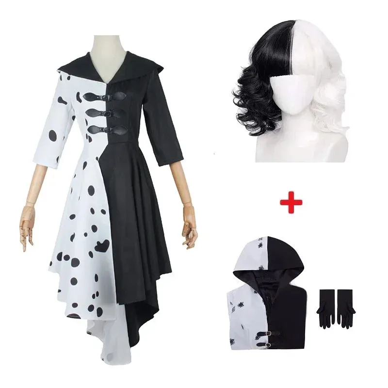 Adults Black White Witch Deville Cosplay Costume Dress For Women With Glove Halloween Party Cos Suits