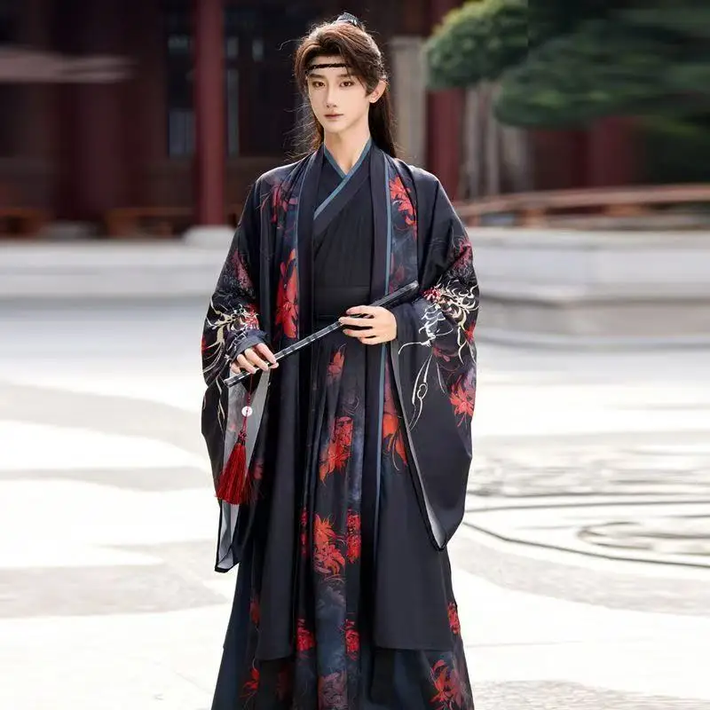 Red Spider Lily Flower Hanfu Dress Men Women Traditional Red Black Shore Floral Printing Costume Ancient Swordsman Cosplay Suit