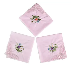 3Pcs 28x28cm Cotton Flower Embroidered Lace Hankie Towel Lady Handkerchiefs Women Washable Pocket Random Color