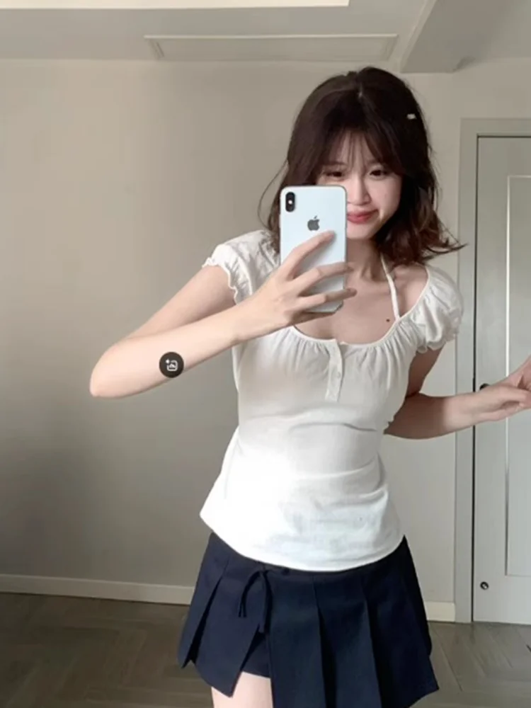 Cute Sweet White Top Women Slim Tie Up Summer T-shirt Puff Sleeve Korean Casual Tee Shirt Kawaii 2000s Clothing