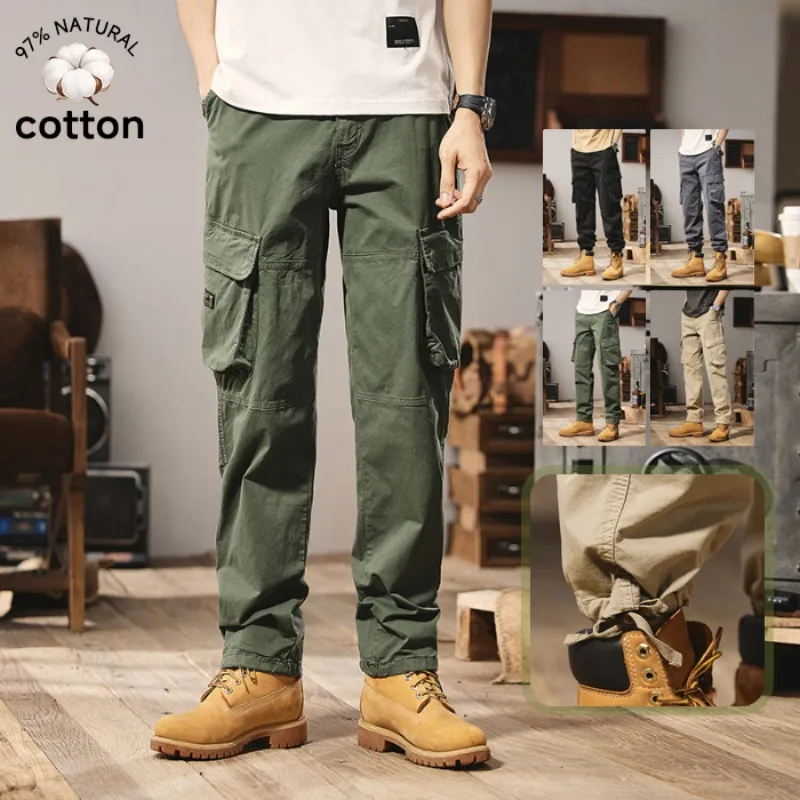

Spring Summer Men's Baggy Cargo Pants Multi-Pocket 97%Cotton Straight Outdoor Work Pants Adjustable Hiking Camo Trouser Overalls