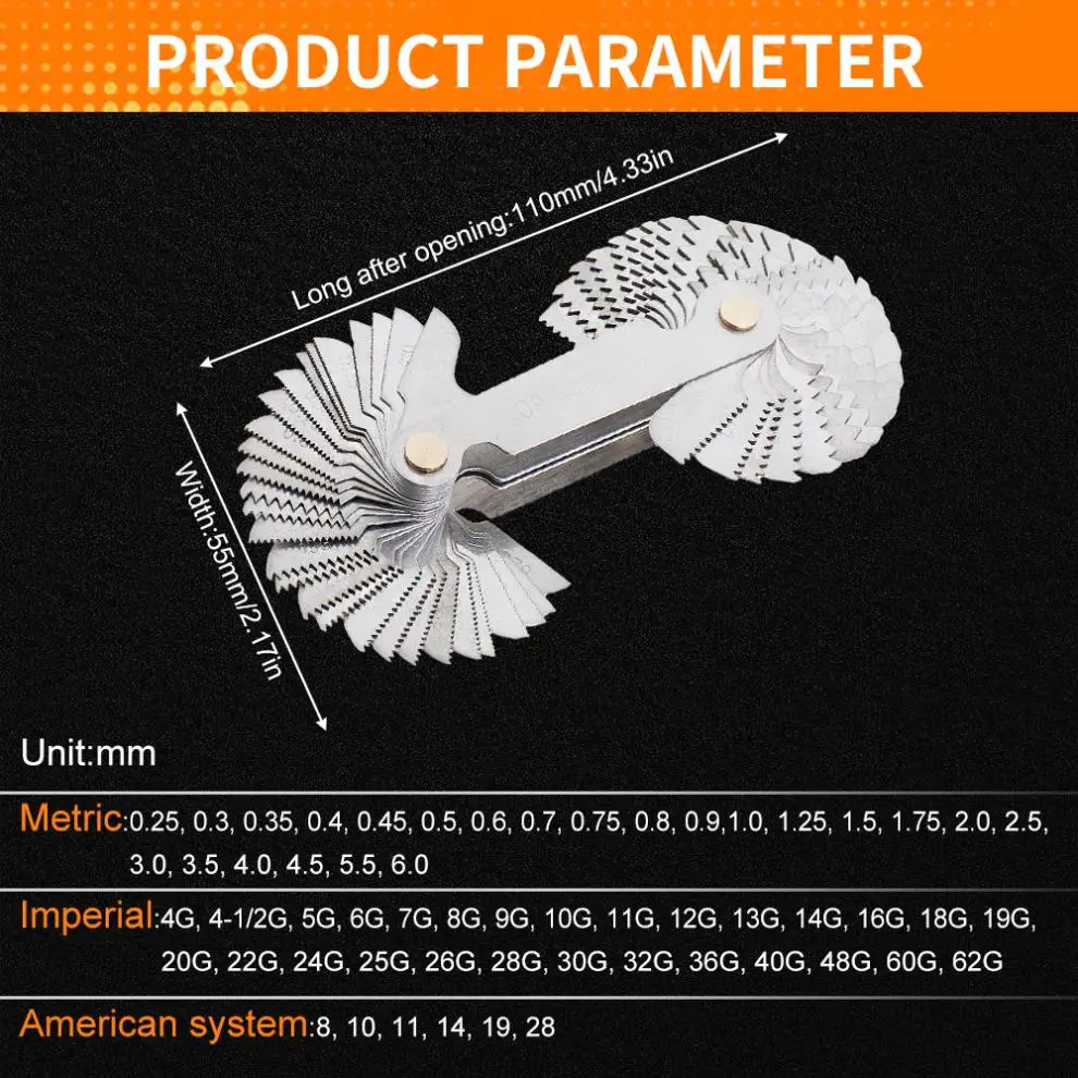 Metric Imperial 58pcs Blade US Screw Gauge SAE Whitworth 55 Degree and Metrisch 60 Degree Thread Pitch Gauge for Measuring Tool