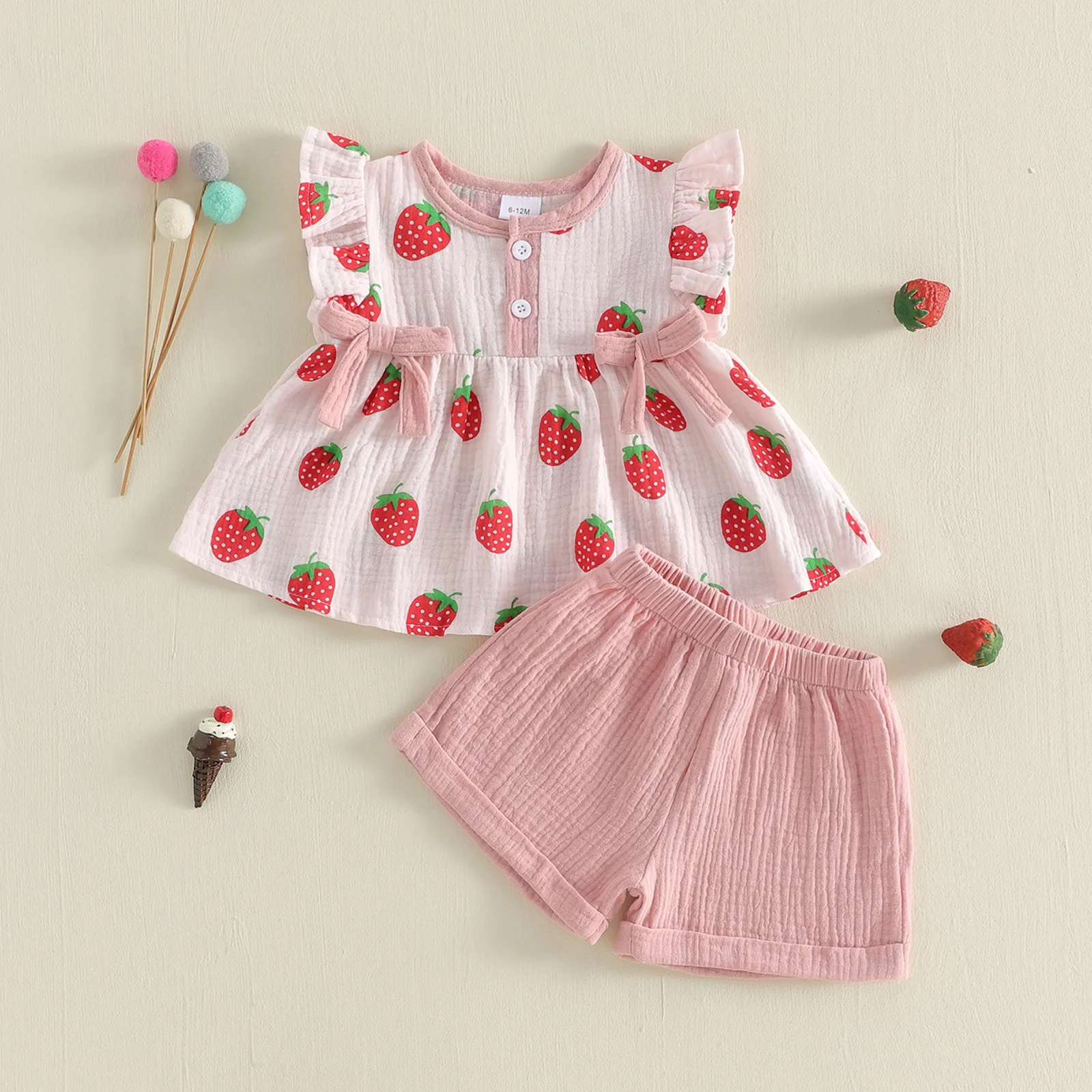 

VISgogo Летний комплект для маленьких девочек, модные милые топы с рукавами-крылышками и принтом вишни/клубники, комплект из 2 предметов с шортами